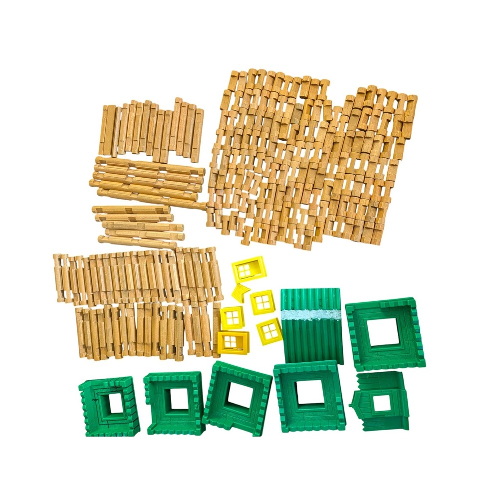 Lincoln Logs Mixed Lot Vintage Wooden Building Set Green Roof Bases Windows